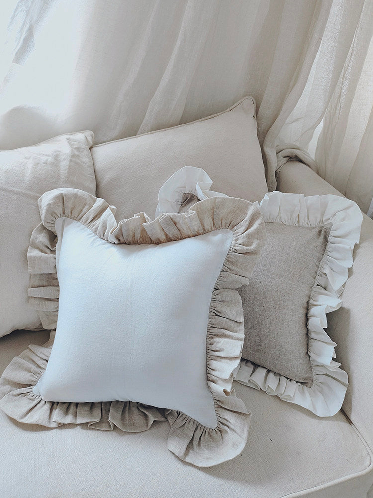 Contrast Ruffle Linen Pillow Cover - White