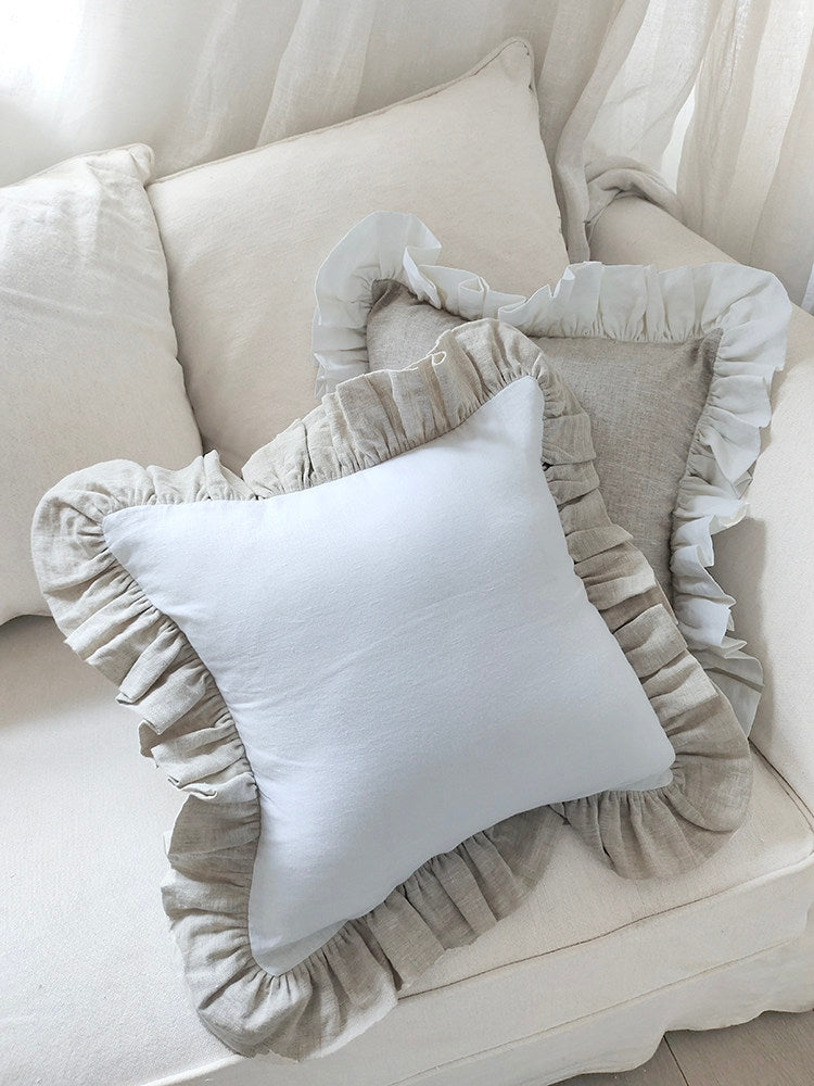 Contrast Ruffle Linen Pillow Cover - White