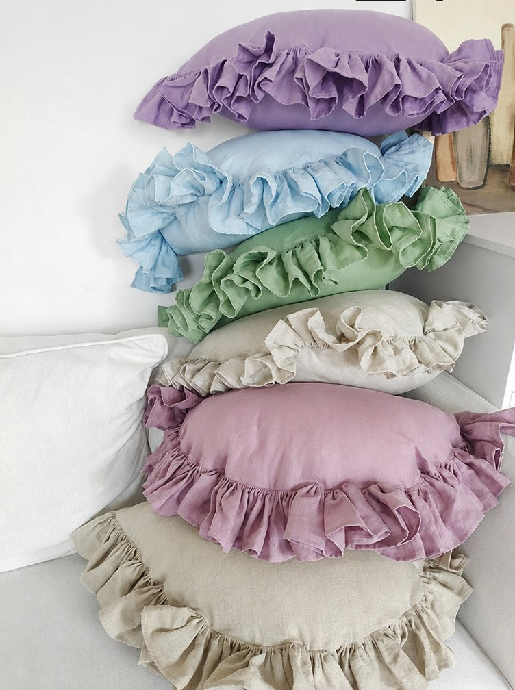 Ruffled Linen Pillow Cover - Soft Pastel - oatmeal