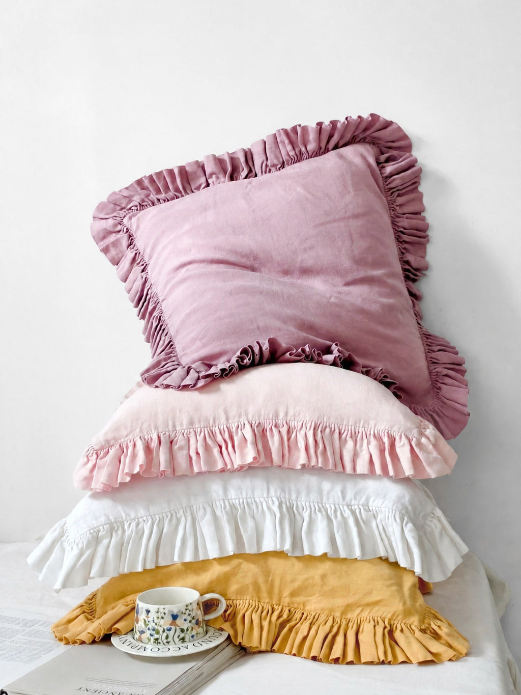Ruffled Linen Pillow Sham - 100% Stonewashed Natural Linen -  Light pink