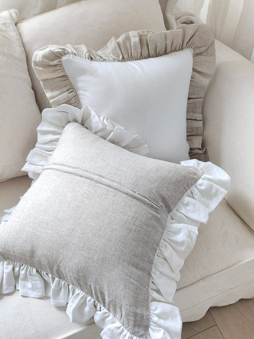 Contrast Ruffle Linen Pillow Cover - White