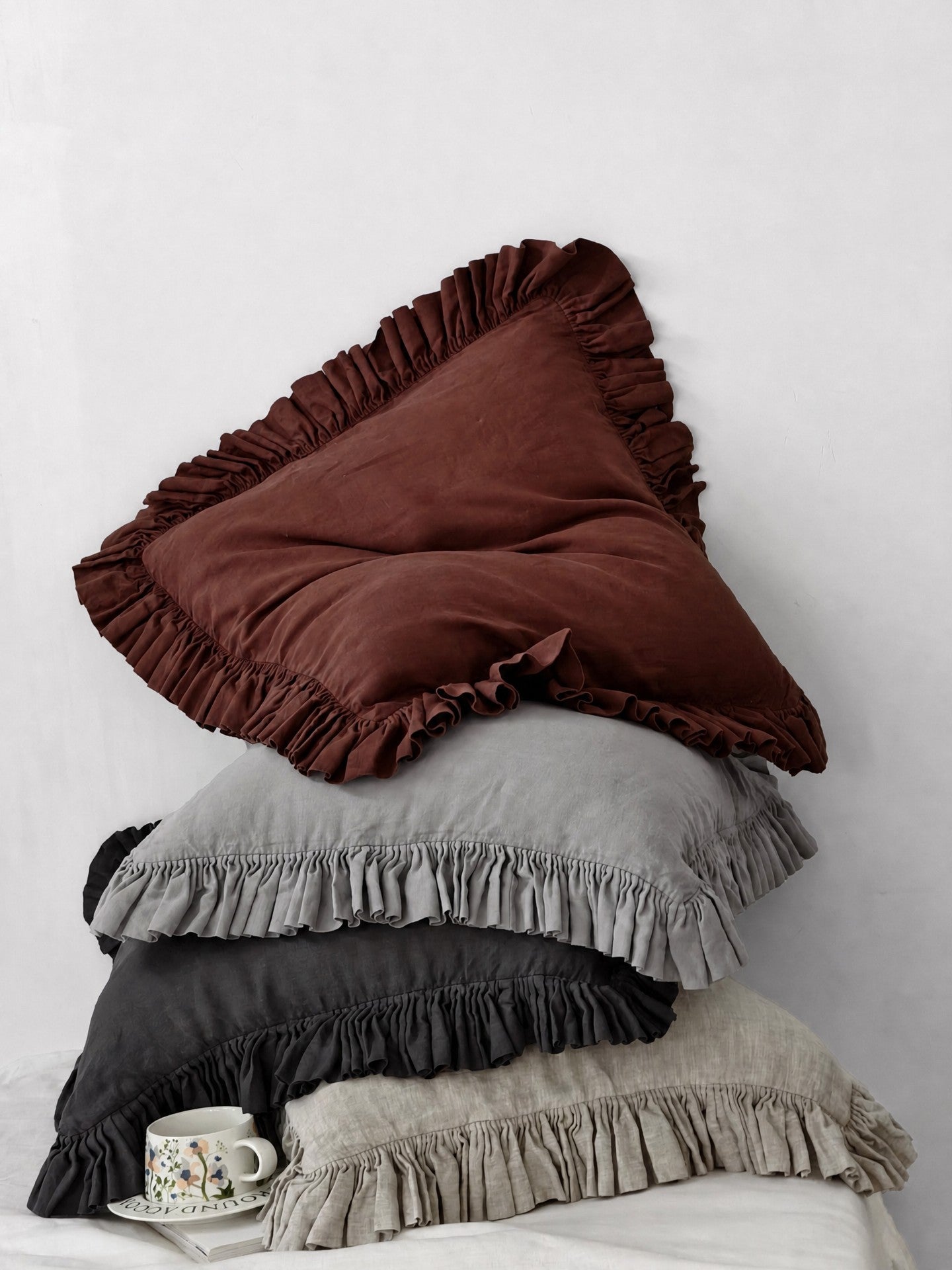 Ruffled Linen Pillow Sham - 100% Stonewashed Natural Linen -  Gray