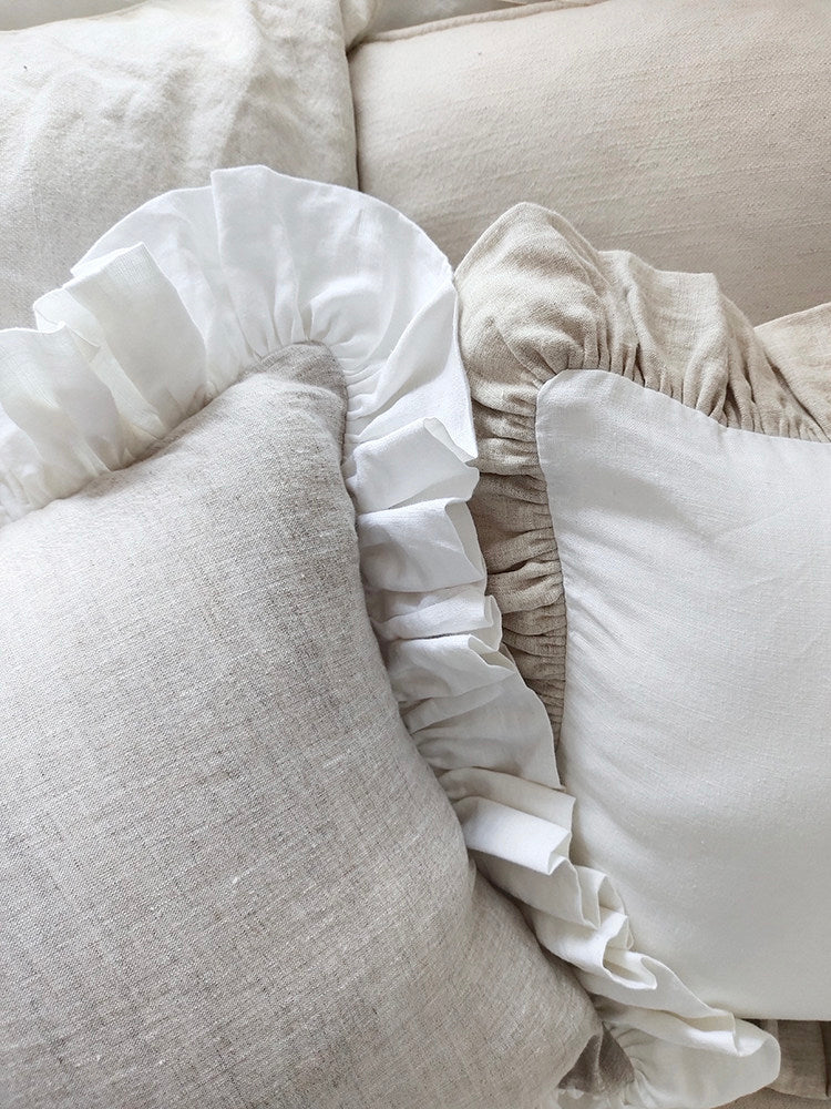 Contrast Ruffle Linen Pillow Cover - Natural linen