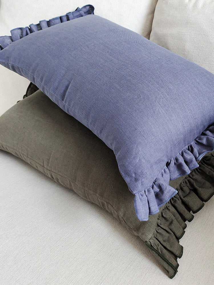 Ruffled Linen Pillow with Insert | Soft-Tone - Hemp Smoke Blue
