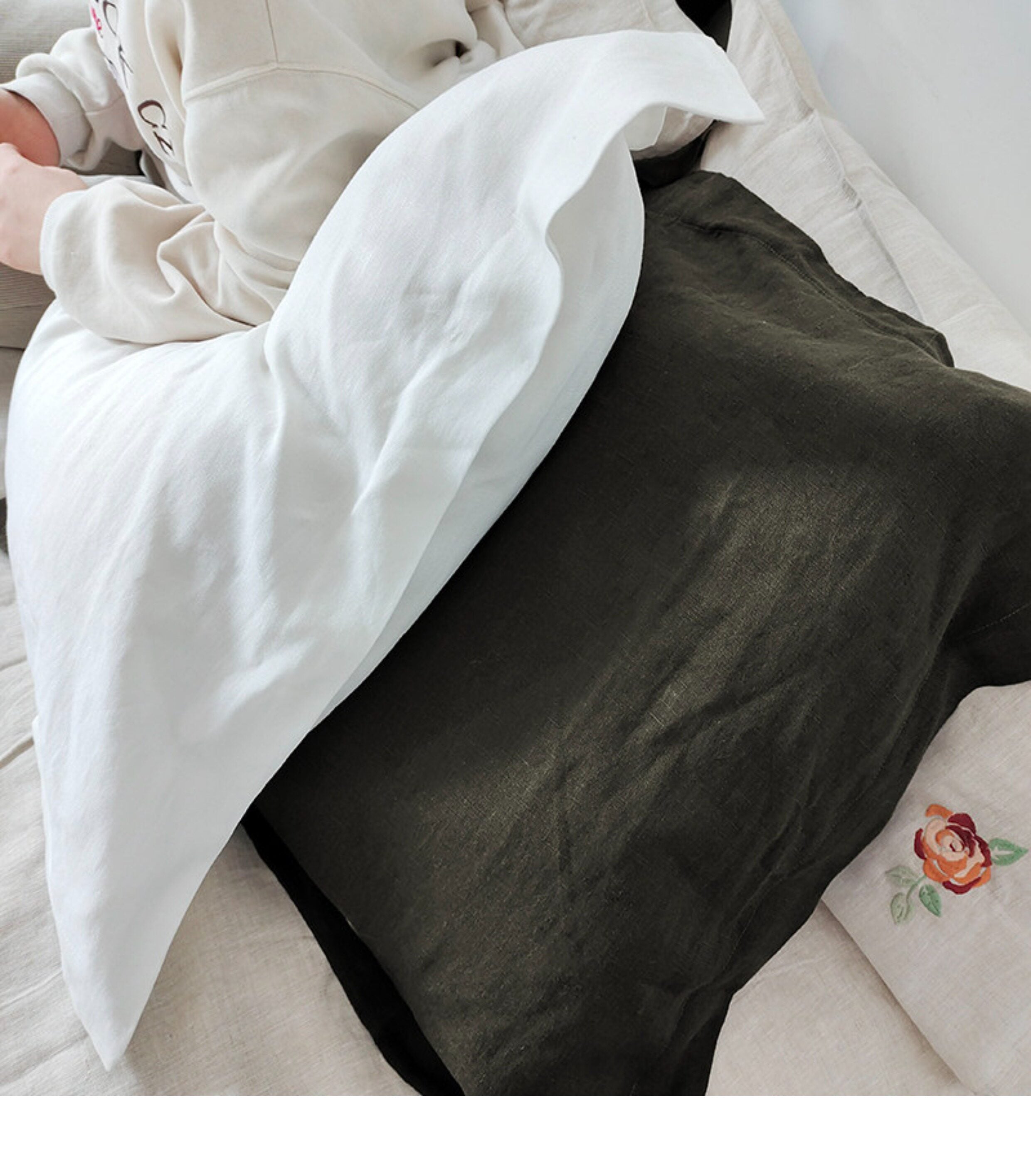 Oxford Flange Linen Pillowcase - 100% Stonewashed Natural Linen - Forest Green