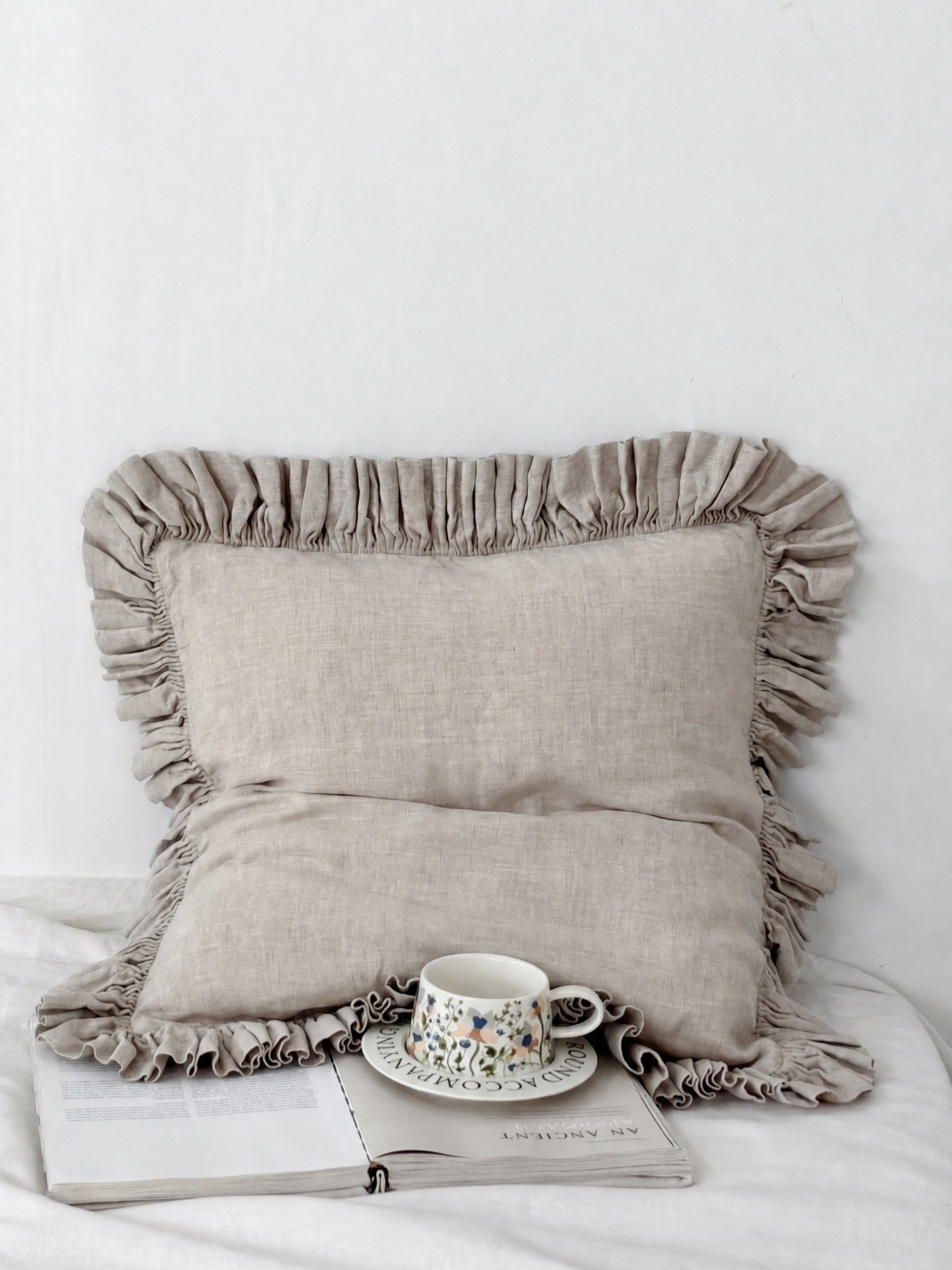 Ruffled Linen Pillow Sham - 100% Stonewashed Natural Linen -  Gray