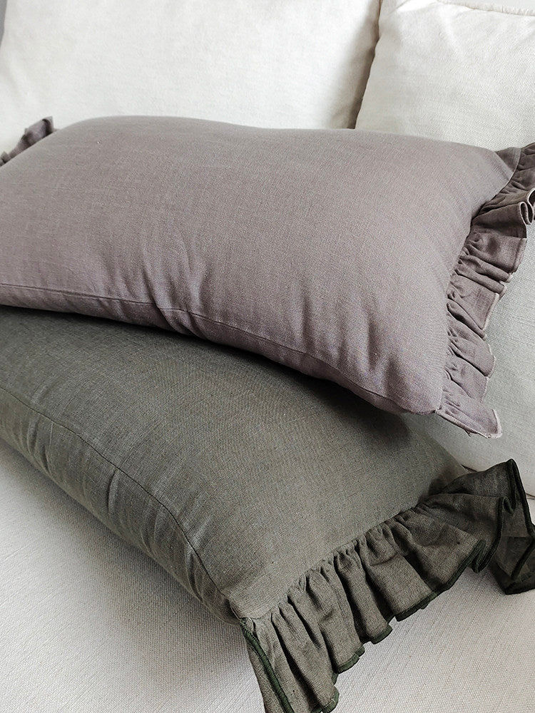 Ruffled Linen Pillow with Insert | Soft-Tone - Hemp Khaki Green