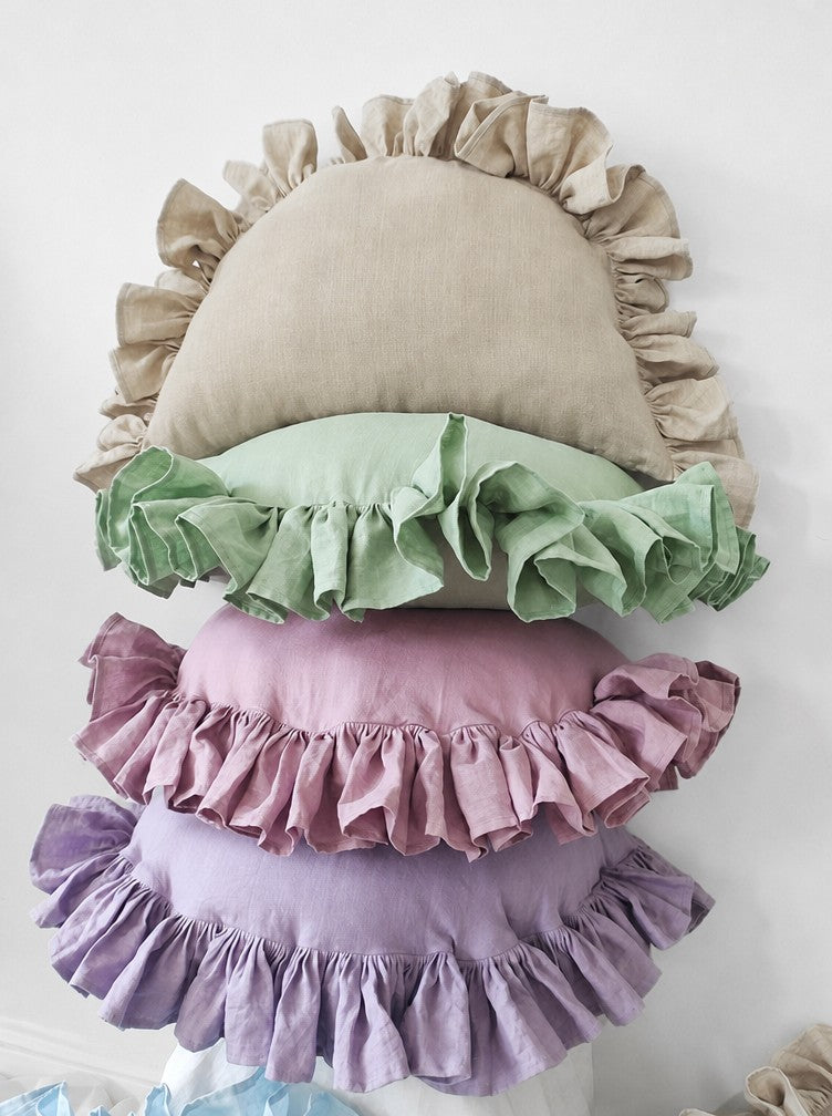 Ruffled Linen Pillow Cover - Soft Pastel - misty blue