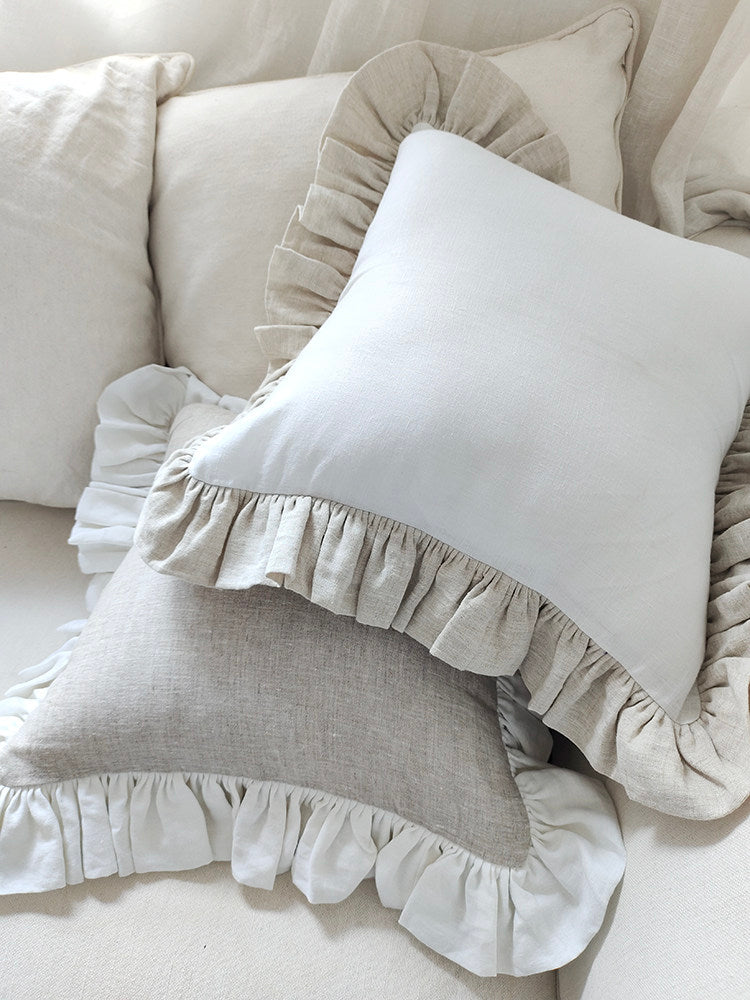 Contrast Ruffle Linen Pillow Cover - Natural linen