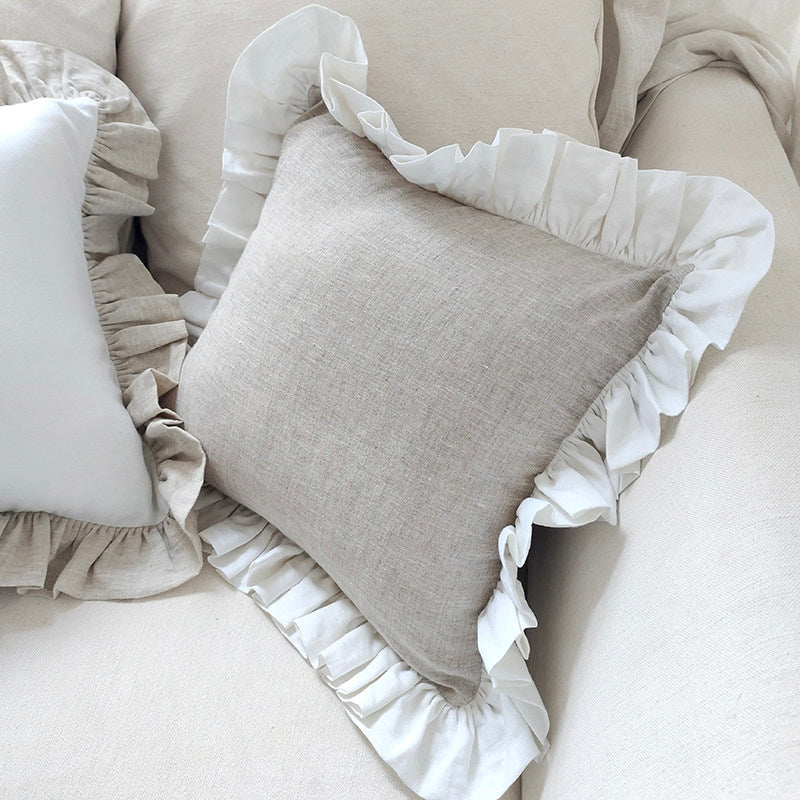 Contrast Ruffle Linen Pillow Cover - Natural linen