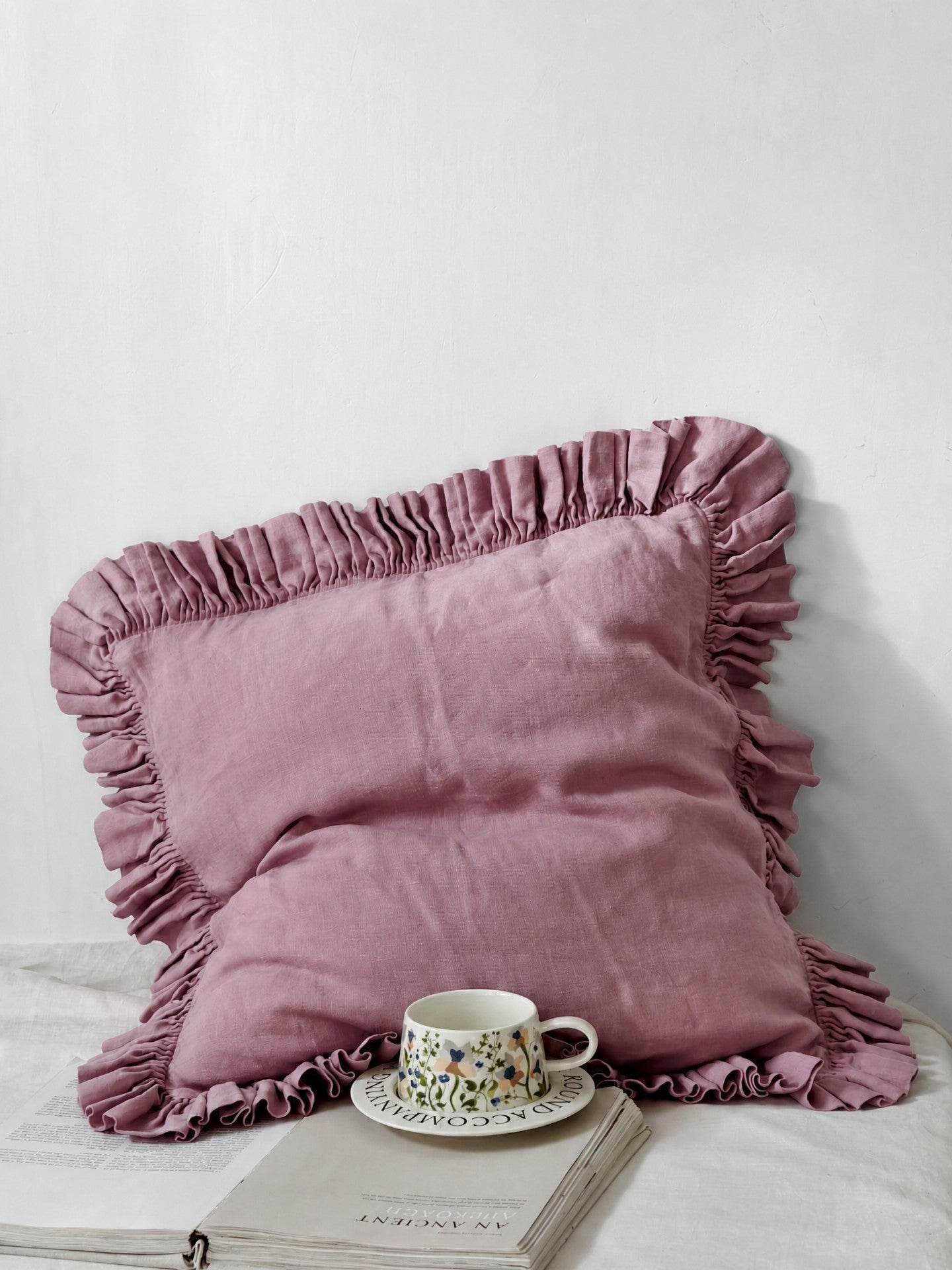 Ruffled Linen Pillow Sham - 100% Stonewashed Natural Linen -  Gray