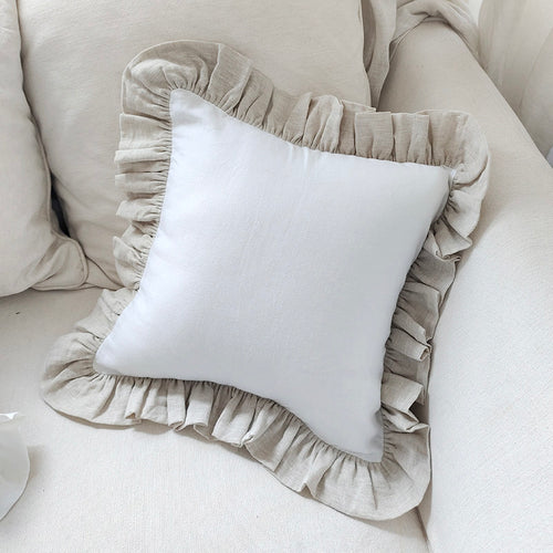 Contrast Ruffle Linen Pillow Cover - Natural linen