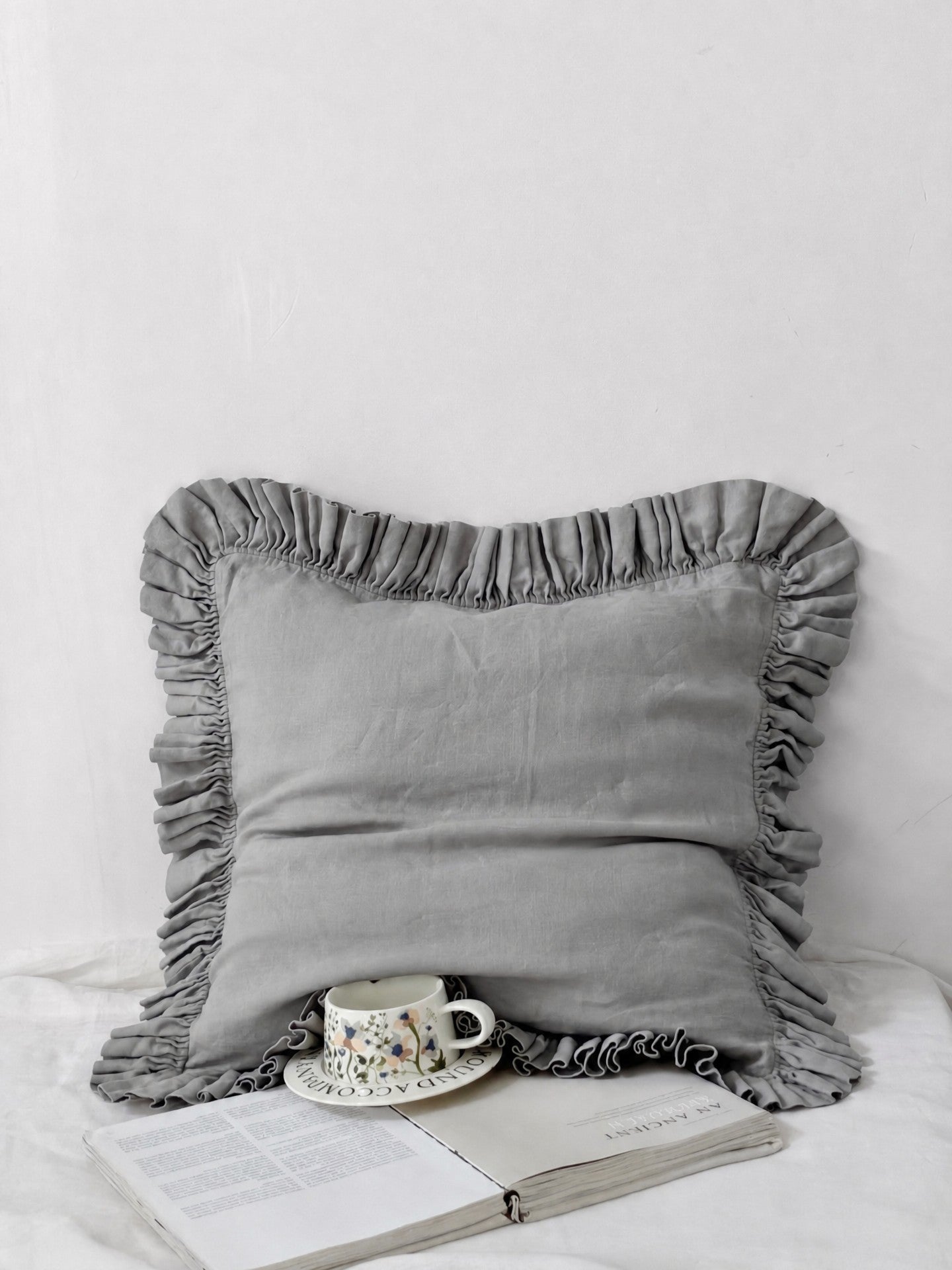 Ruffled Linen Pillow Sham - 100% Stonewashed Natural Linen -  Gray