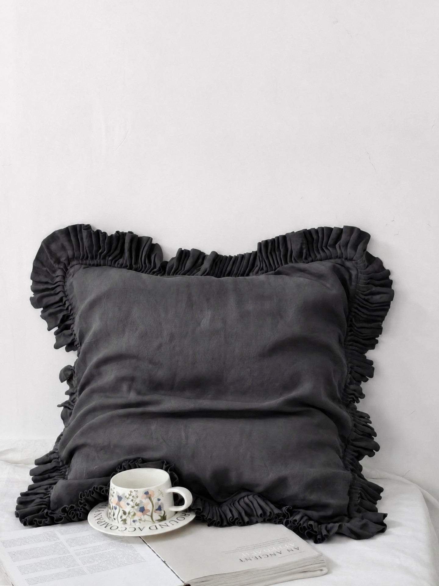 Ruffled Linen Pillow Sham - 100% Stonewashed Natural Linen -  Gray