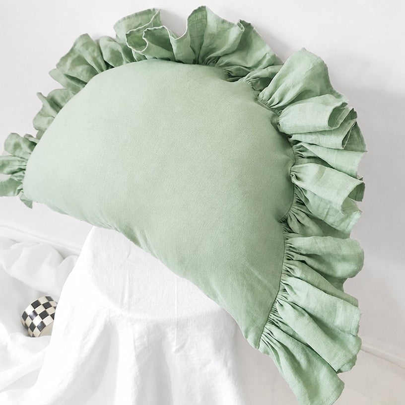 Ruffled Linen Pillow Cover - Soft Pastel - oatmeal