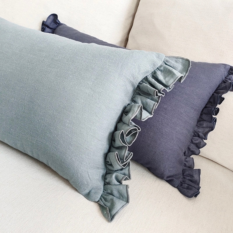 Ruffled Linen Pillow with Insert | Soft-Tone - Hemp Smoke Blue