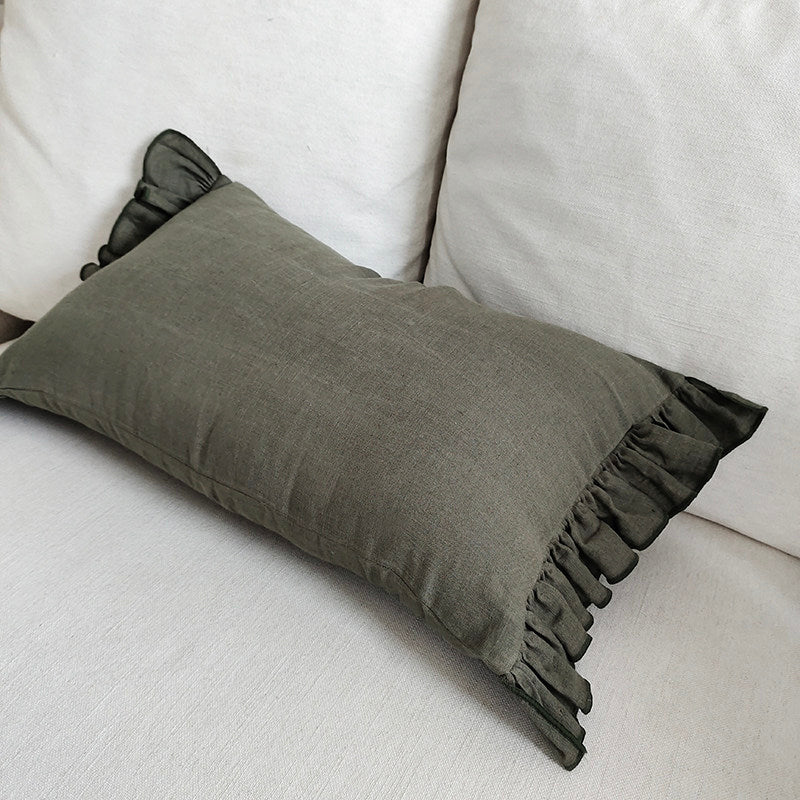 Ruffled Linen Pillow with Insert | Soft-Tone - Hemp Smoke Blue