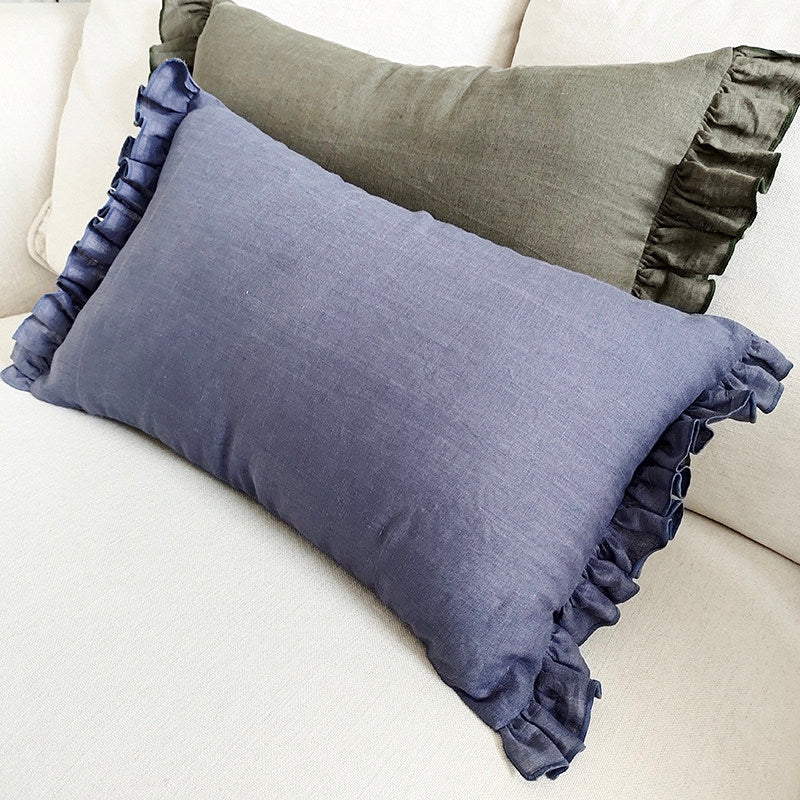 Ruffled Linen Pillow with Insert | Soft-Tone - Hemp Smoke Blue