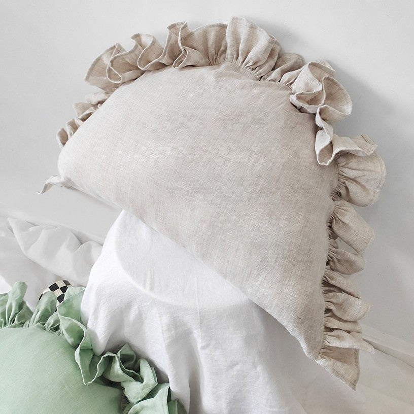 Ruffled Linen Pillow Cover - Soft Pastel - oatmeal